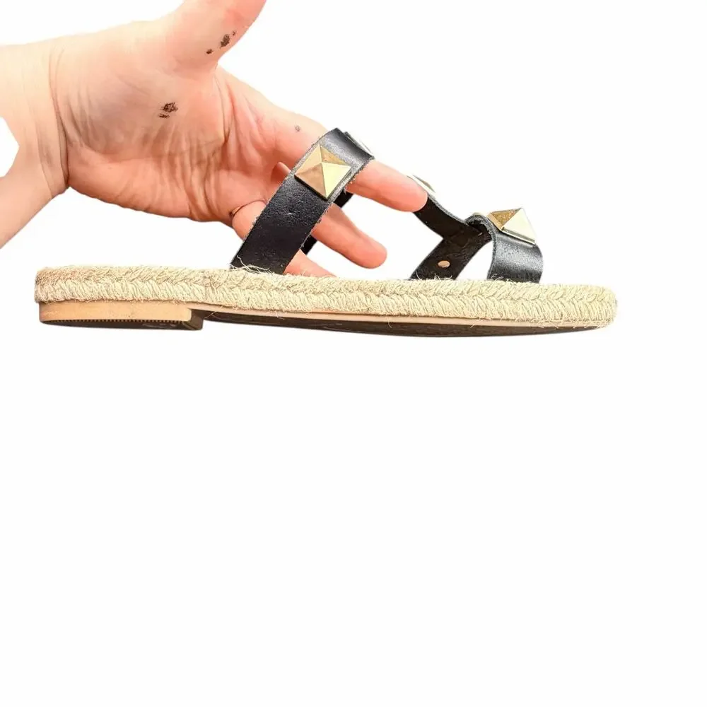 Maypol Studded Leather Espadrille Sandals Black Gold EU 38 US 7.5